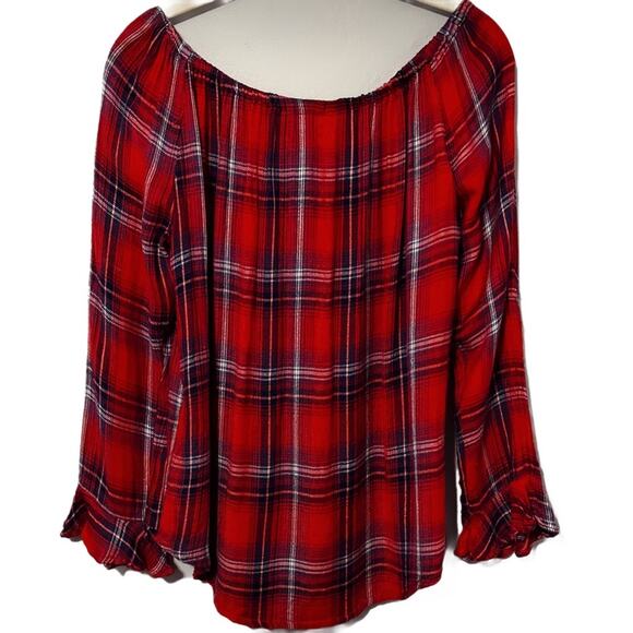 Elan Women's Plaid Flannel Top Size Small Off-Shoulder 3/4 Ruffle Sleeve - Picture 3 of 6